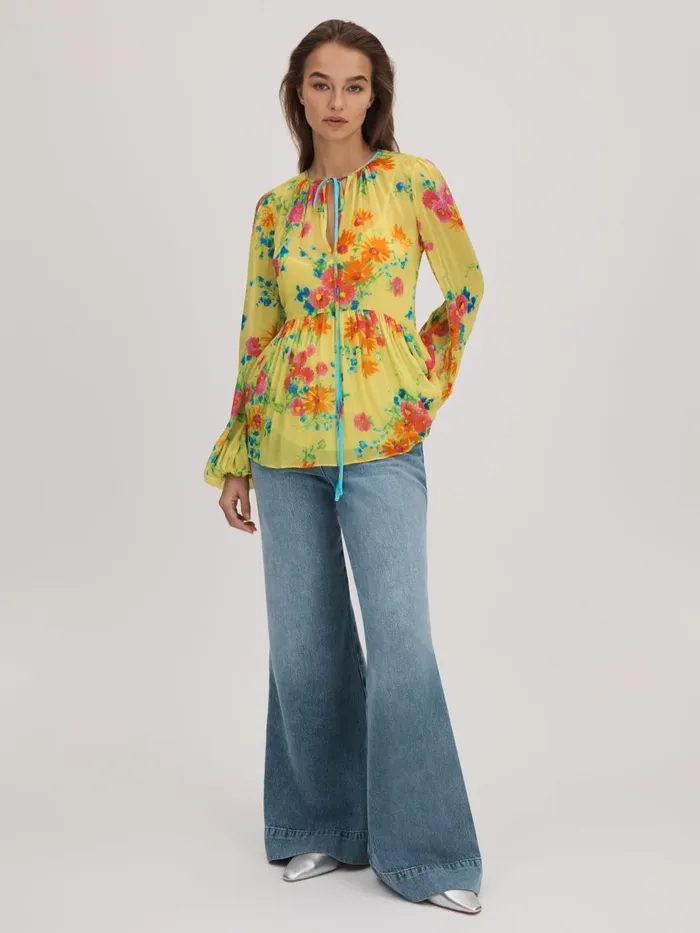 Women Reiss Brands Printed Tie Neck Blouse Lime