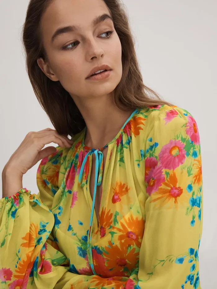 Women Reiss Brands Printed Tie Neck Blouse Lime