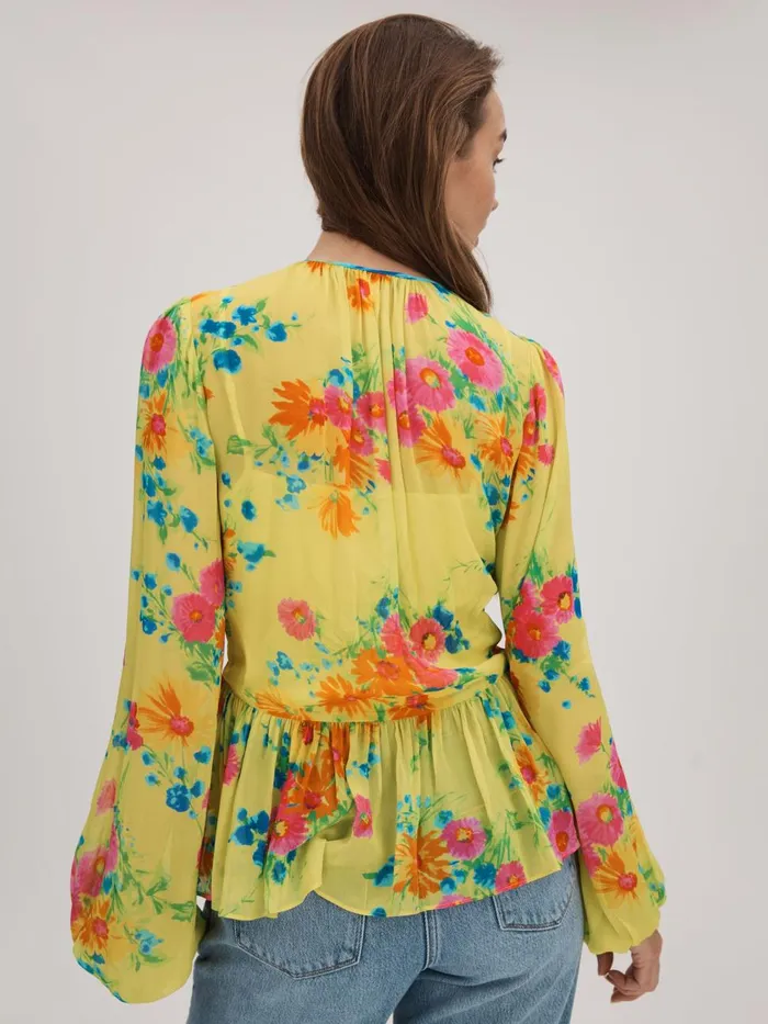 Women Reiss Brands Printed Tie Neck Blouse Lime