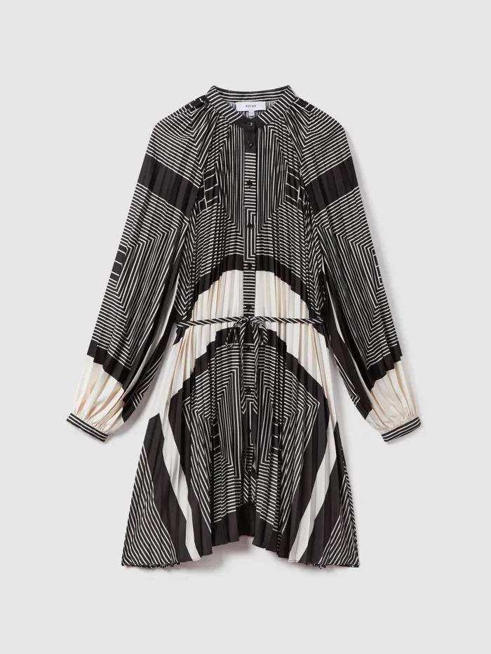 Women Reiss Dresses Bay Printed Pleated Mini Dress Blackwhite
