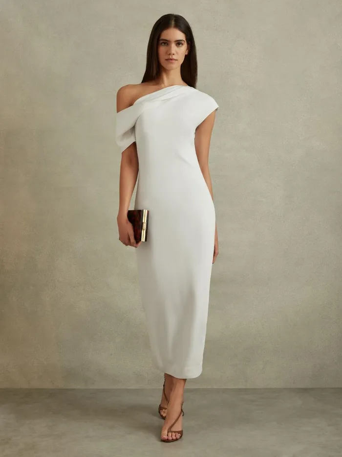 Women Reiss Dresses Laurey Draped Bodycon Midi Dress Ivory