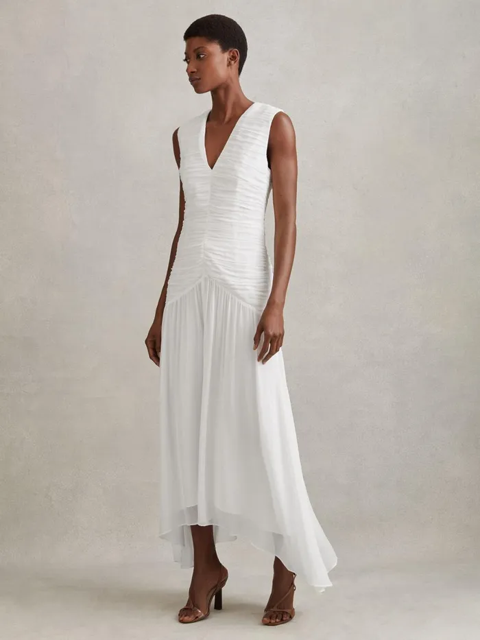 Women Reiss Dresses Saffy Ruched Bodycon Midi Dress Ivory