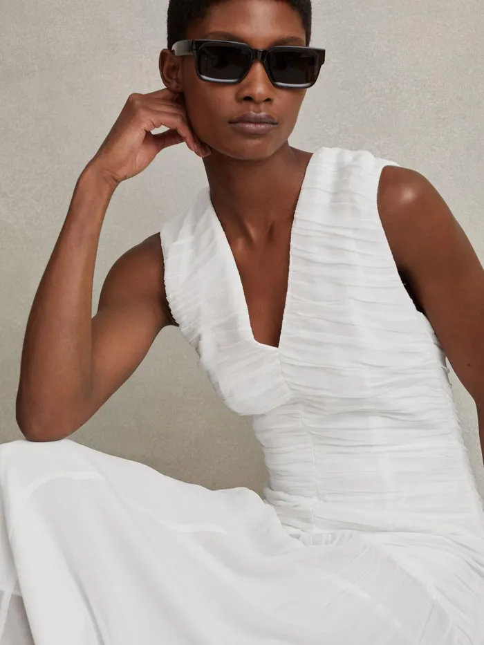 Women Reiss Dresses Saffy Ruched Bodycon Midi Dress Ivory