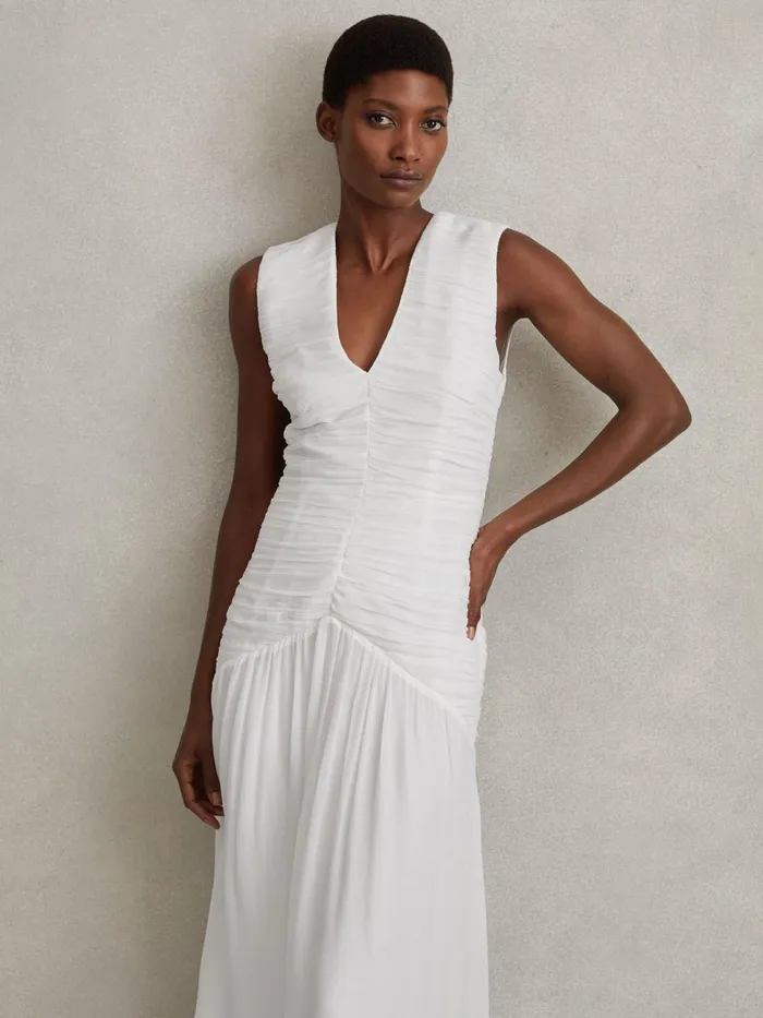 Women Reiss Dresses Saffy Ruched Bodycon Midi Dress Ivory