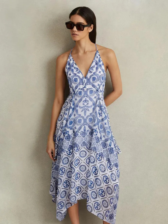 Women Reiss Dresses Tiller Side Pleat Asymmetric Midi Dress Blue
