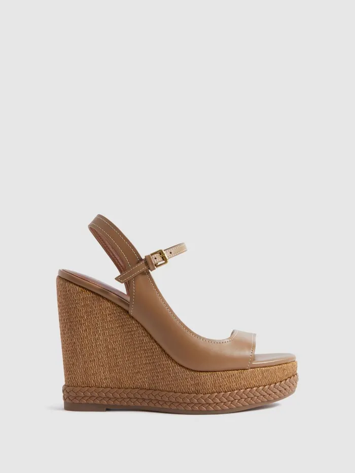 Women Reiss Heels Abi Leather Plaited Wedge Heels Tan