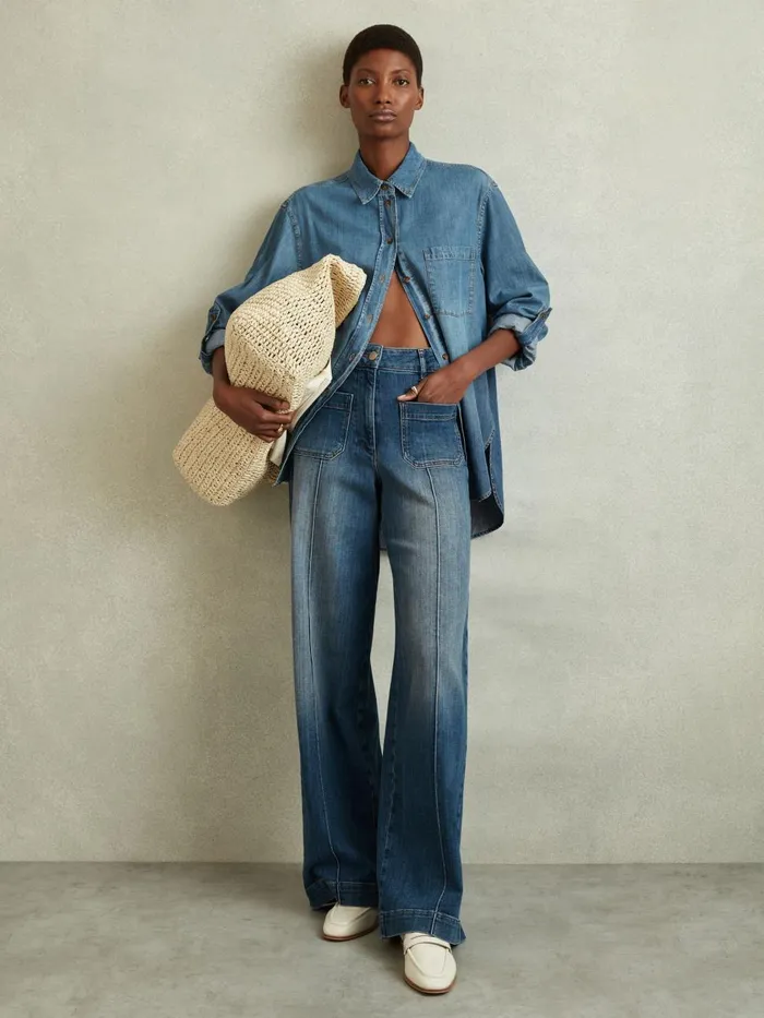 Women Reiss Jeans Kira Front Pocket Wide Leg Jeans Mid Blue