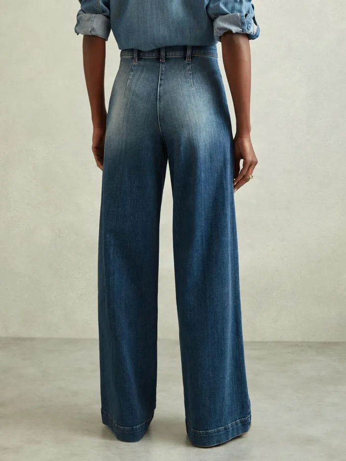 Women Reiss Jeans Kira Front Pocket Wide Leg Jeans Mid Blue