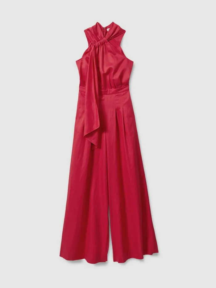 Women Reiss Jumpsuits and Playsuits Selena Linen Blend Drape Jumpsuit Coral