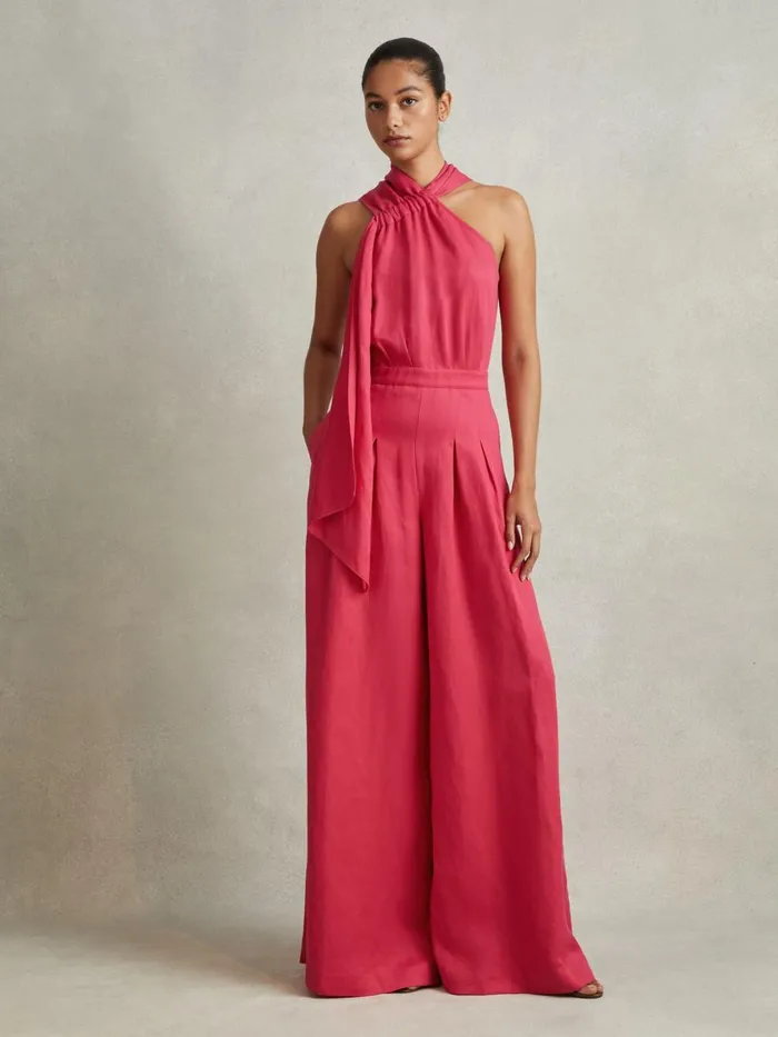 Women Reiss Jumpsuits and Playsuits Selena Linen Blend Drape Jumpsuit Coral
