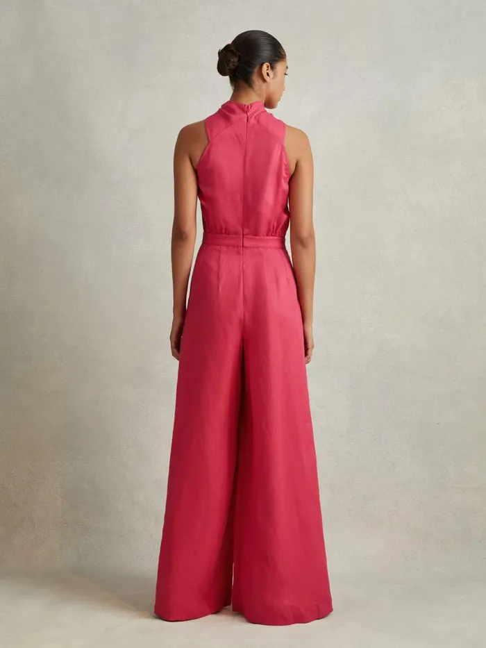 Women Reiss Jumpsuits and Playsuits Selena Linen Blend Drape Jumpsuit Coral