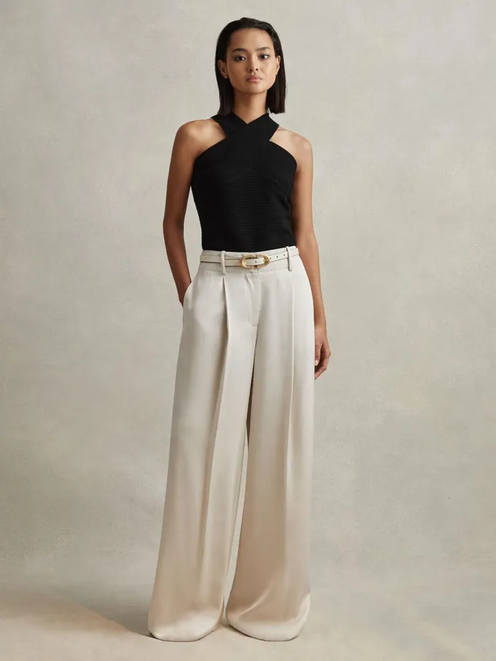 Women Reiss Pants Isla Satin Wide Leg Trousers Champagne