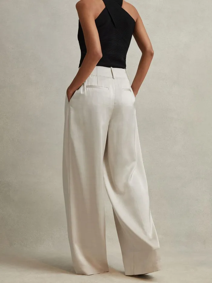 Women Reiss Pants Isla Satin Wide Leg Trousers Champagne