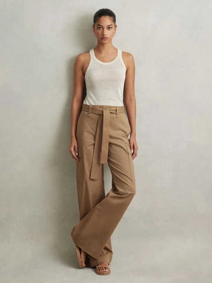 Women Reiss Pants Malia Cotton Blend Wide Leg Cargo Trousers Camel