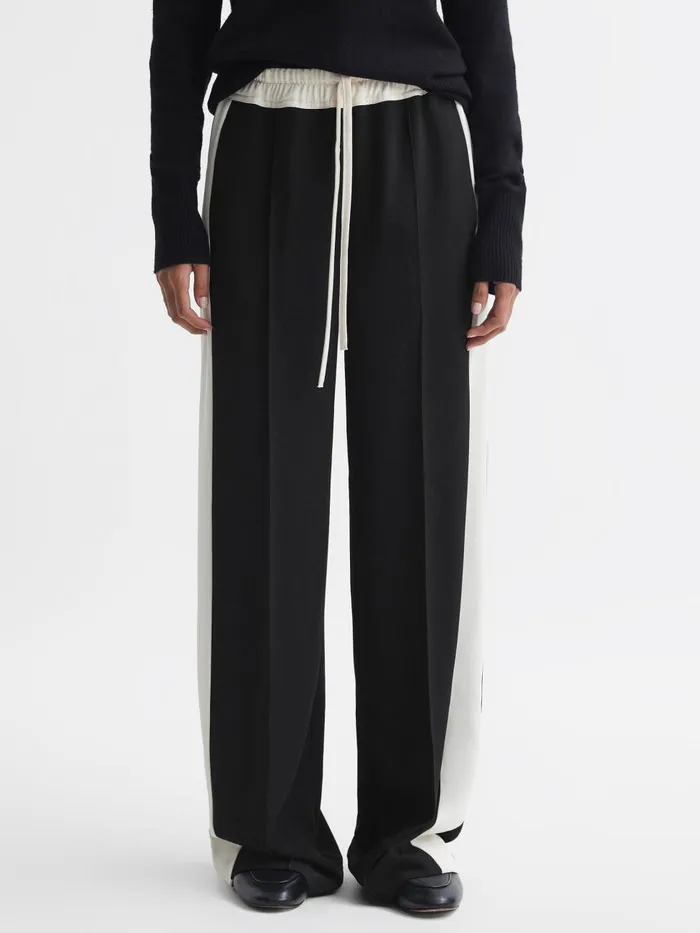 Women Reiss Pants May Wide Wide Leg Contrast Stripe Drawstring Trousers Black