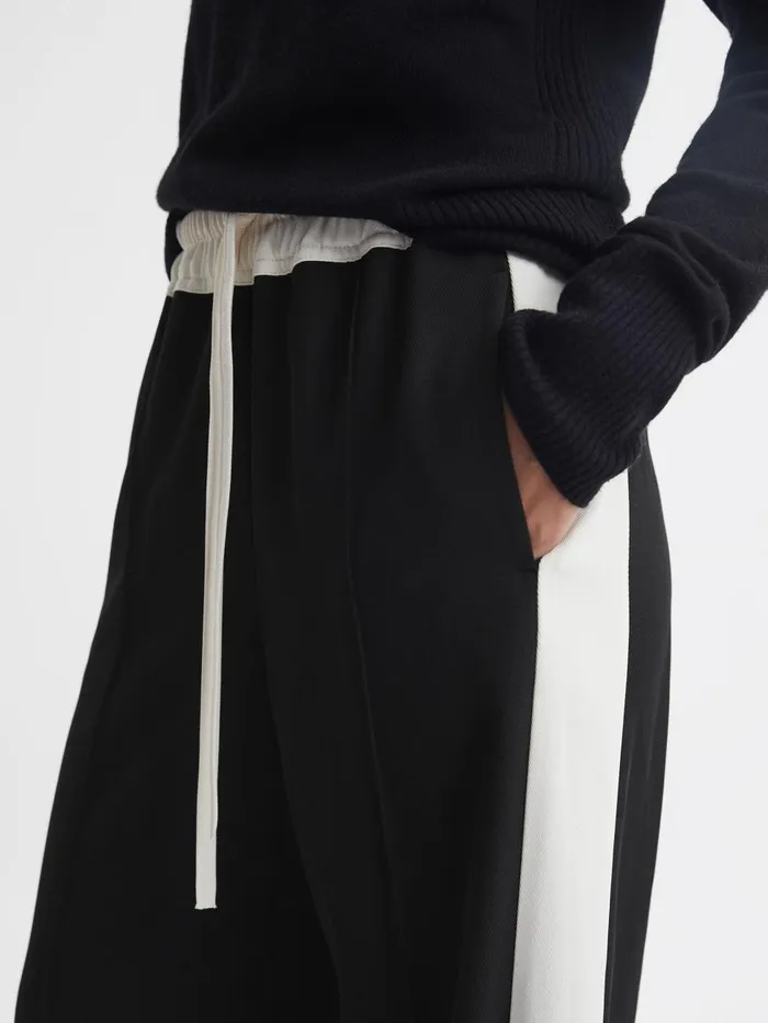 Women Reiss Pants May Wide Wide Leg Contrast Stripe Drawstring Trousers Black