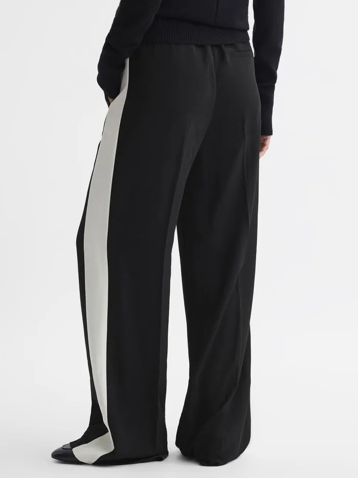 Women Reiss Pants May Wide Wide Leg Contrast Stripe Drawstring Trousers Black