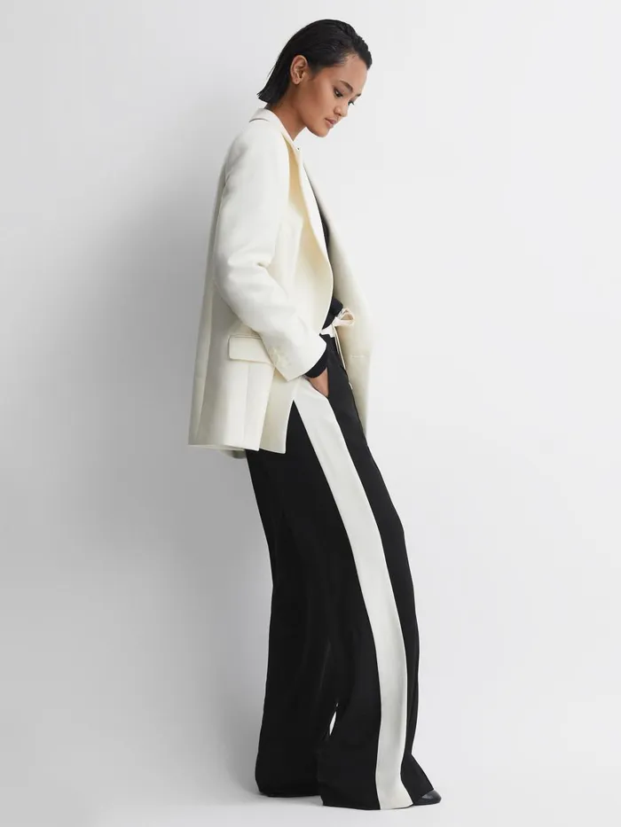 Women Reiss Pants May Wide Wide Leg Contrast Stripe Drawstring Trousers Black