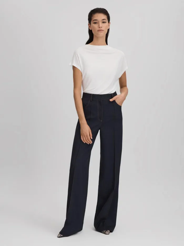 Women Reiss Suits and Tailoring Raven Wool Blend Denim Look Suit Trousers Navy