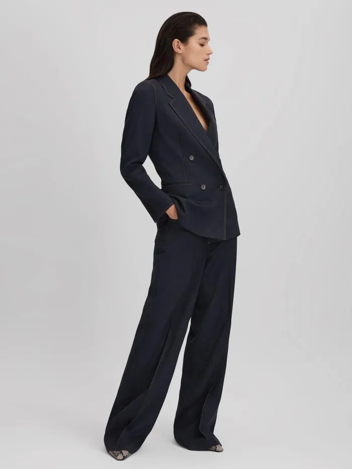 Women Reiss Suits and Tailoring Raven Wool Blend Denim Look Suit Trousers Navy