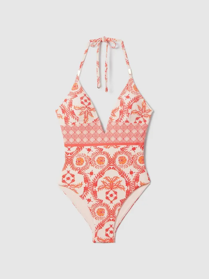 Women Reiss Swimwear Leonora Printed Plunge Neck Swimsuit Creamcoral