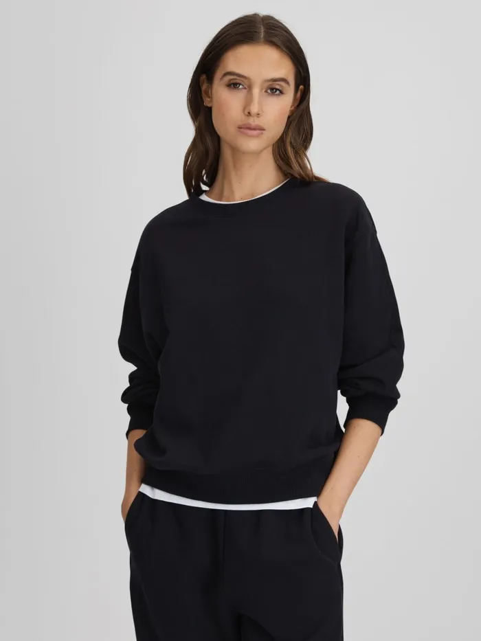 Women Reiss Tops Cody Cotton Blend Crew Neck Sweatshirt Navy