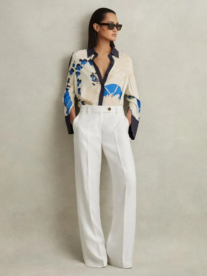 Women Reiss Tops Isla Printed Split Hem Shirt Navyblue