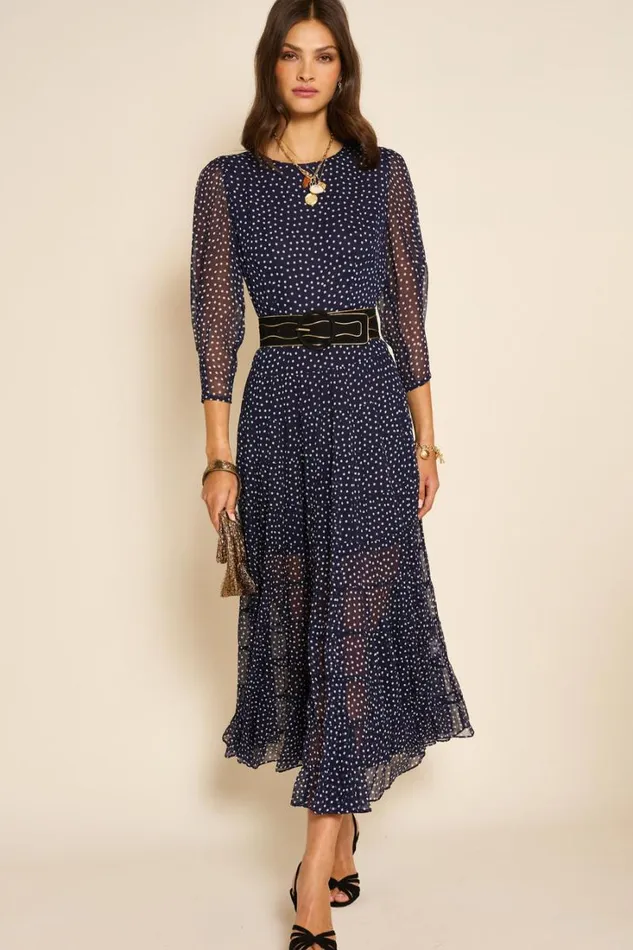 Women RIXO All Clothing Kristen Tiered Midi Dress Polka Dot Navy