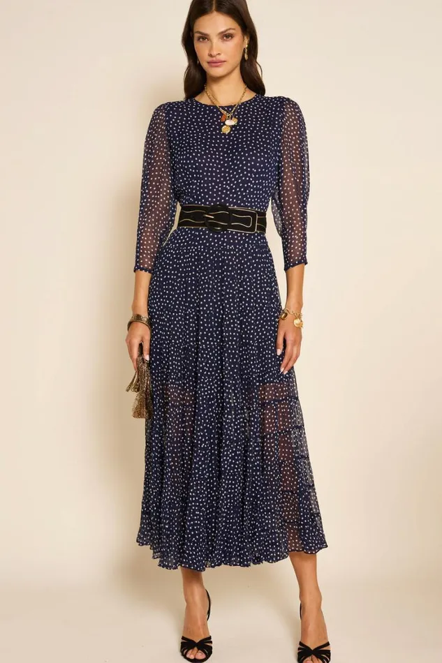 Women RIXO All Clothing Kristen Tiered Midi Dress Polka Dot Navy