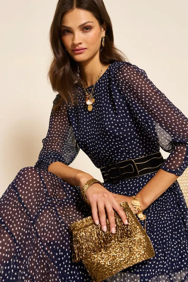 Women RIXO All Clothing Kristen Tiered Midi Dress Polka Dot Navy
