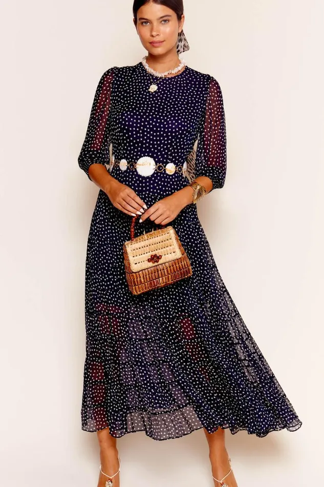 Women RIXO All Clothing Kristen Tiered Midi Dress Polka Dot Navy