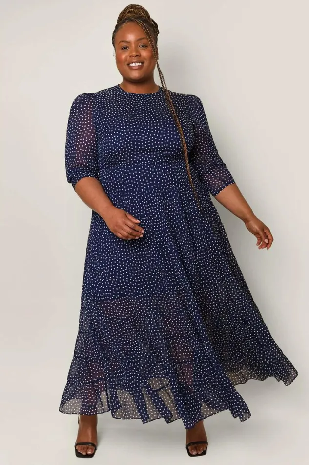 Women RIXO All Clothing Kristen Tiered Midi Dress Polka Dot Navy