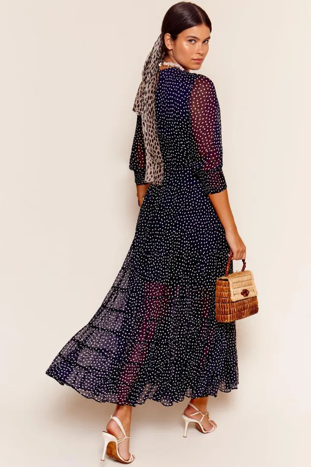 Women RIXO All Clothing Kristen Tiered Midi Dress Polka Dot Navy