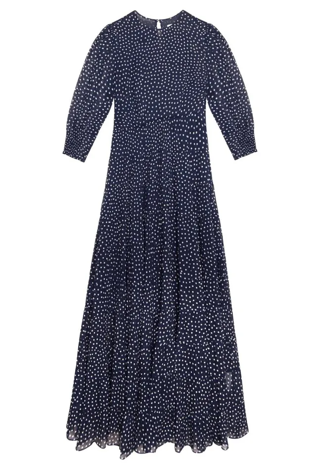 Women RIXO All Clothing Kristen Tiered Midi Dress Polka Dot Navy