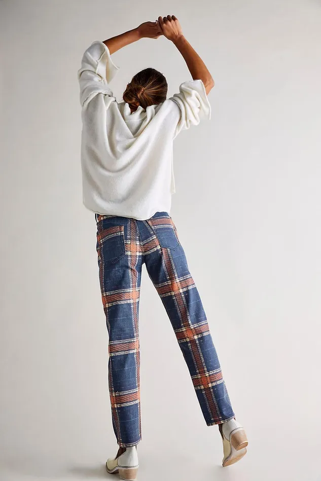 Women StraightLeg Jeans Free People Baker Plaid Boyfriend Jeans Tokyo Blue Plaid
