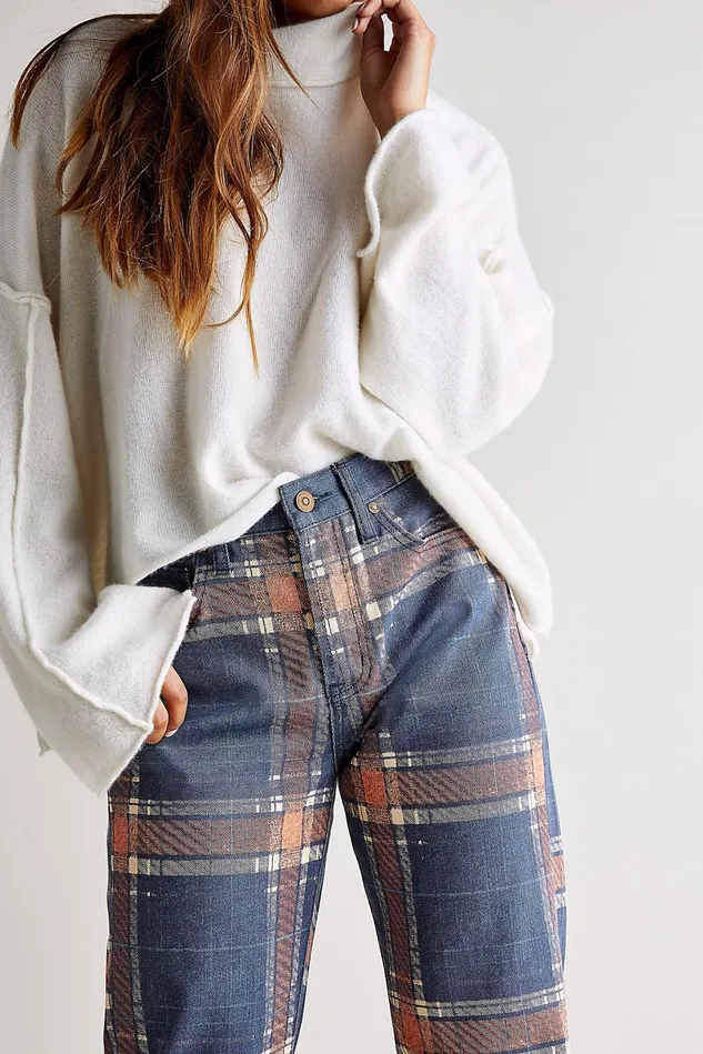 Women StraightLeg Jeans Free People Baker Plaid Boyfriend Jeans Tokyo Blue Plaid