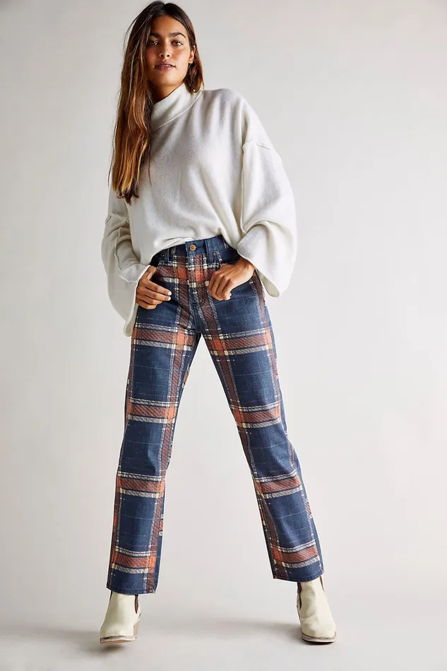 Women StraightLeg Jeans Free People Baker Plaid Boyfriend Jeans Tokyo Blue Plaid