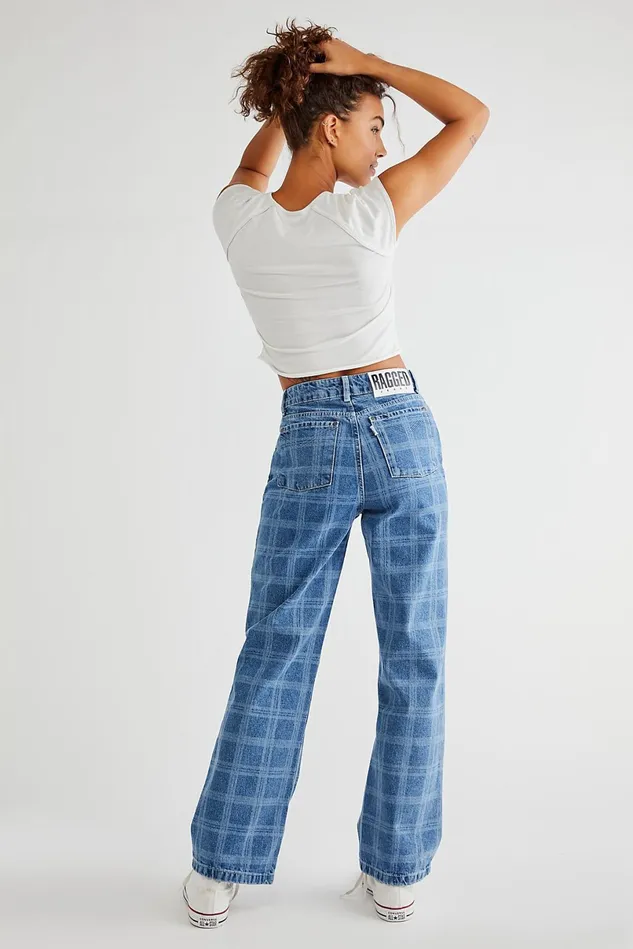 Women StraightLeg Jeans Free People Ragged Dad Jeans Laser Check