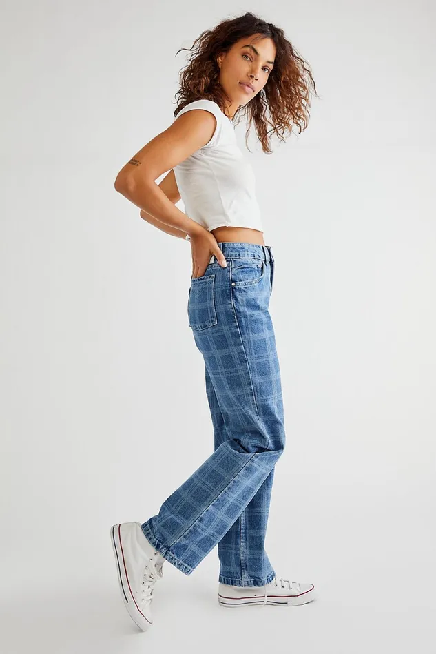 Women StraightLeg Jeans Free People Ragged Dad Jeans Laser Check