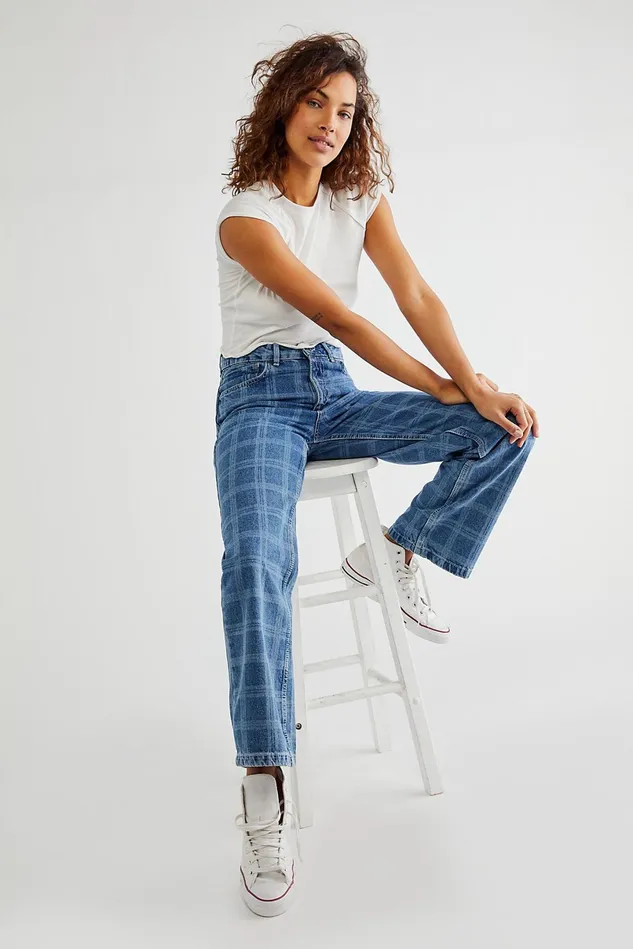 Women StraightLeg Jeans Free People Ragged Dad Jeans Laser Check