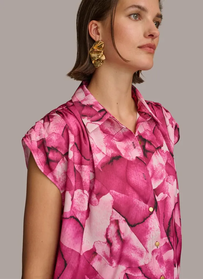 Women Sweaters And Tops Donna Karan PRINT CINCHED SHOULDER BLOUSE Cactus Flower