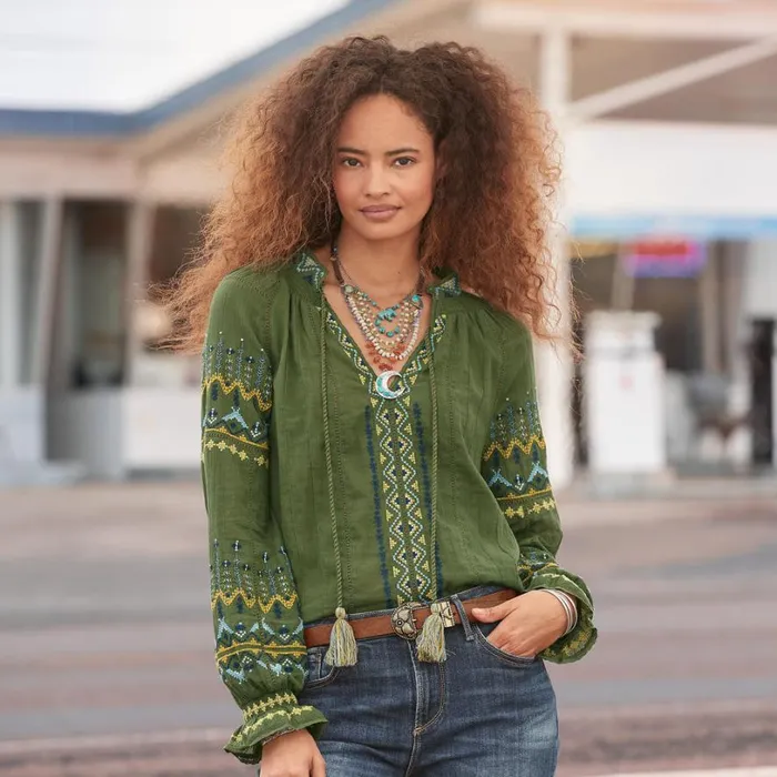 Women Totora Embroidered Top Petite Chive Sundance Catalog Petite Styles