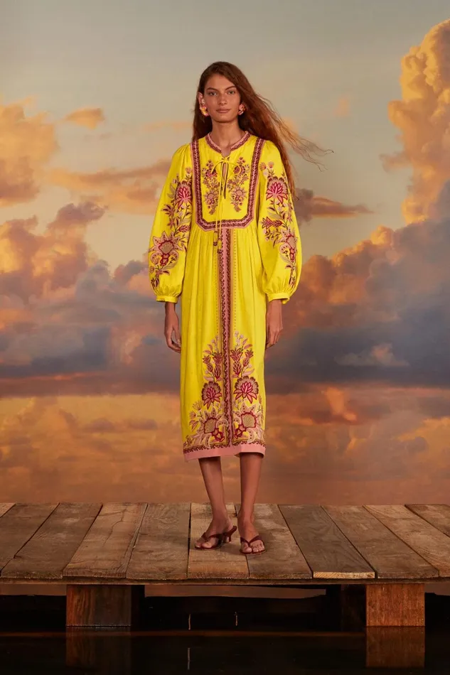 Women Yellow Embroidered Garden Tapestry Midi Dress Garden Tapestry Yellow FARM Rio Midi Dresses