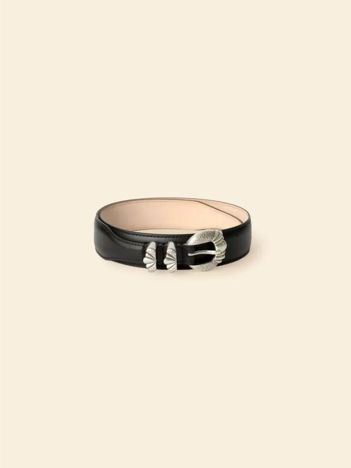Xirena Silver Ostrich Black Calfskin Versailles Belt Women Accessories