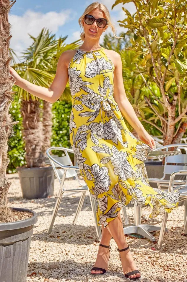 Yellow Floral Belted Asymmetric Chiffon Midi Dress Women Roman Dresses