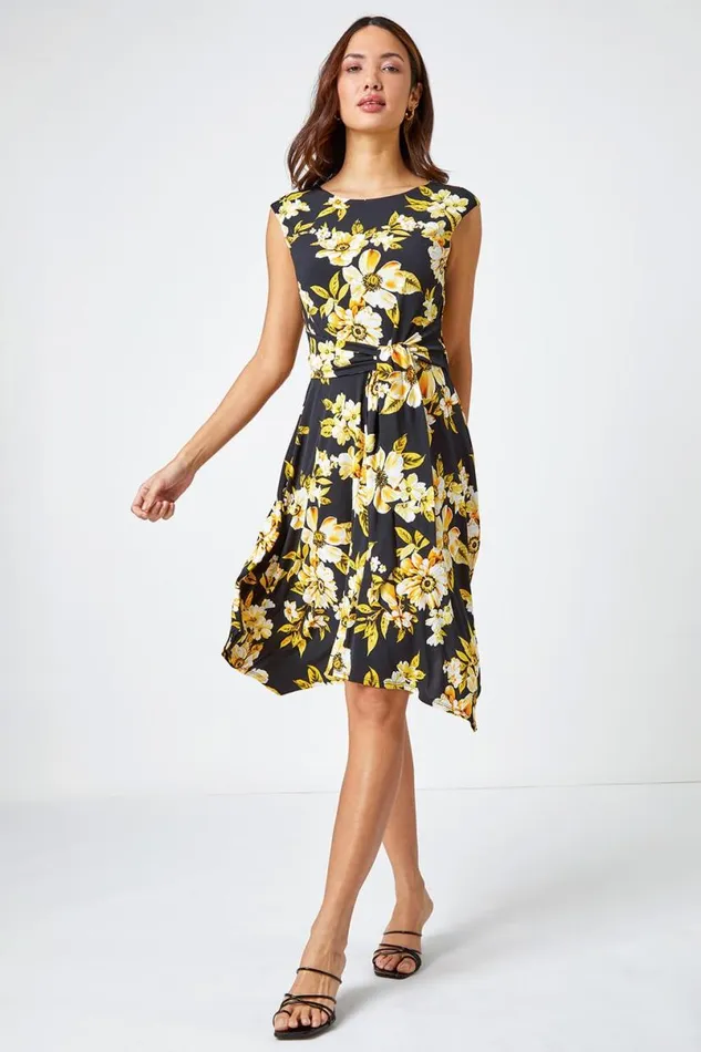 Yellow Textured Floral Print Tie Dress Women Roman Dresses